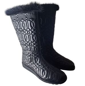 NEW Donald J Pliner Black Quilted Leather Fur Trim Boots Size 9.5N